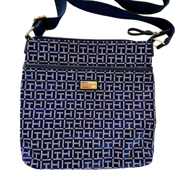 Tommy Hilfiger Blue White Crossbody Bag Geometric Pattern Adjustable Strap NEW - Picture 1 of 10